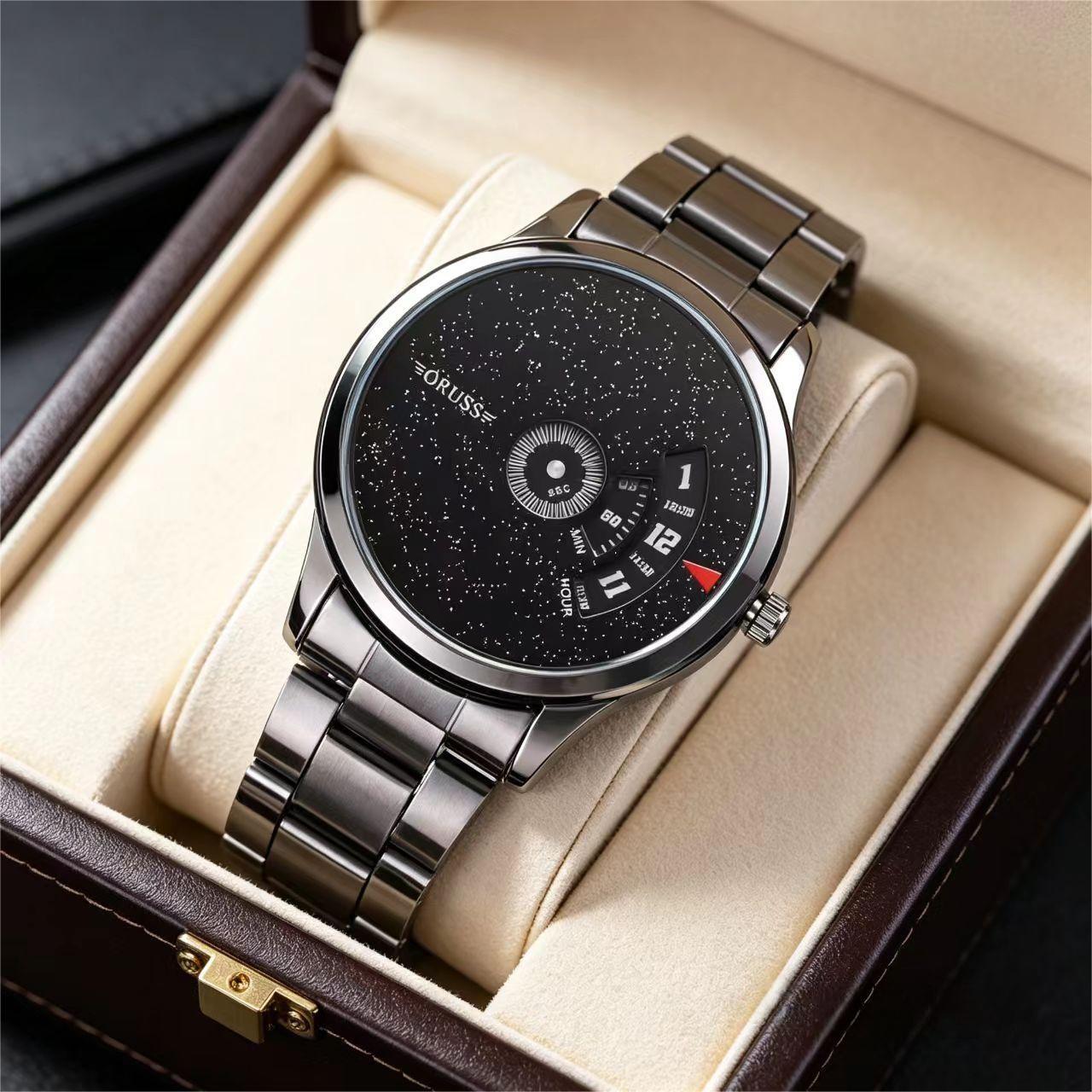ORUSS 1853 Men's Watch Starry Sky Black Dial New Concept Cool Trendy Fashion Stylish Novelty Stainless Steel Waterproof Unique Rotating Display For Daily Wear Street Style Casual Hangouts