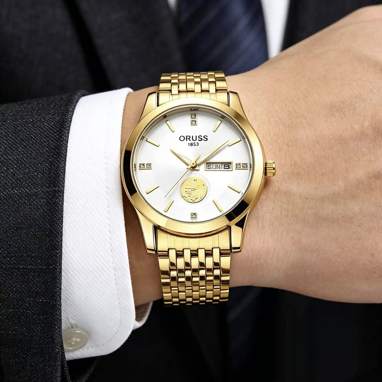 ORUSS 1853 Men's Watch Luxury Gold Plated Quartz Watch Stainless Steel Bracelet White Black Dial Diamond Accent Sailboat Motif Day Date Formal Daily Wear Office Anniversary Birthday Gift
