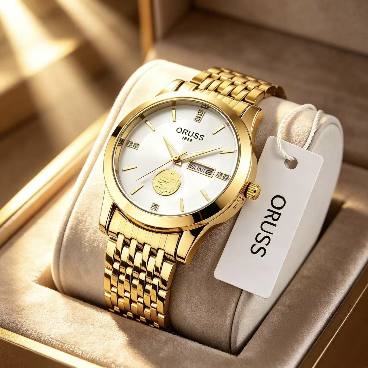 ORUSS 1853 Men's Watch Luxury Gold Plated Quartz Watch Stainless Steel Bracelet White Black Dial Diamond Accent Sailboat Motif Day Date Formal Daily Wear Office Anniversary Birthday Gift