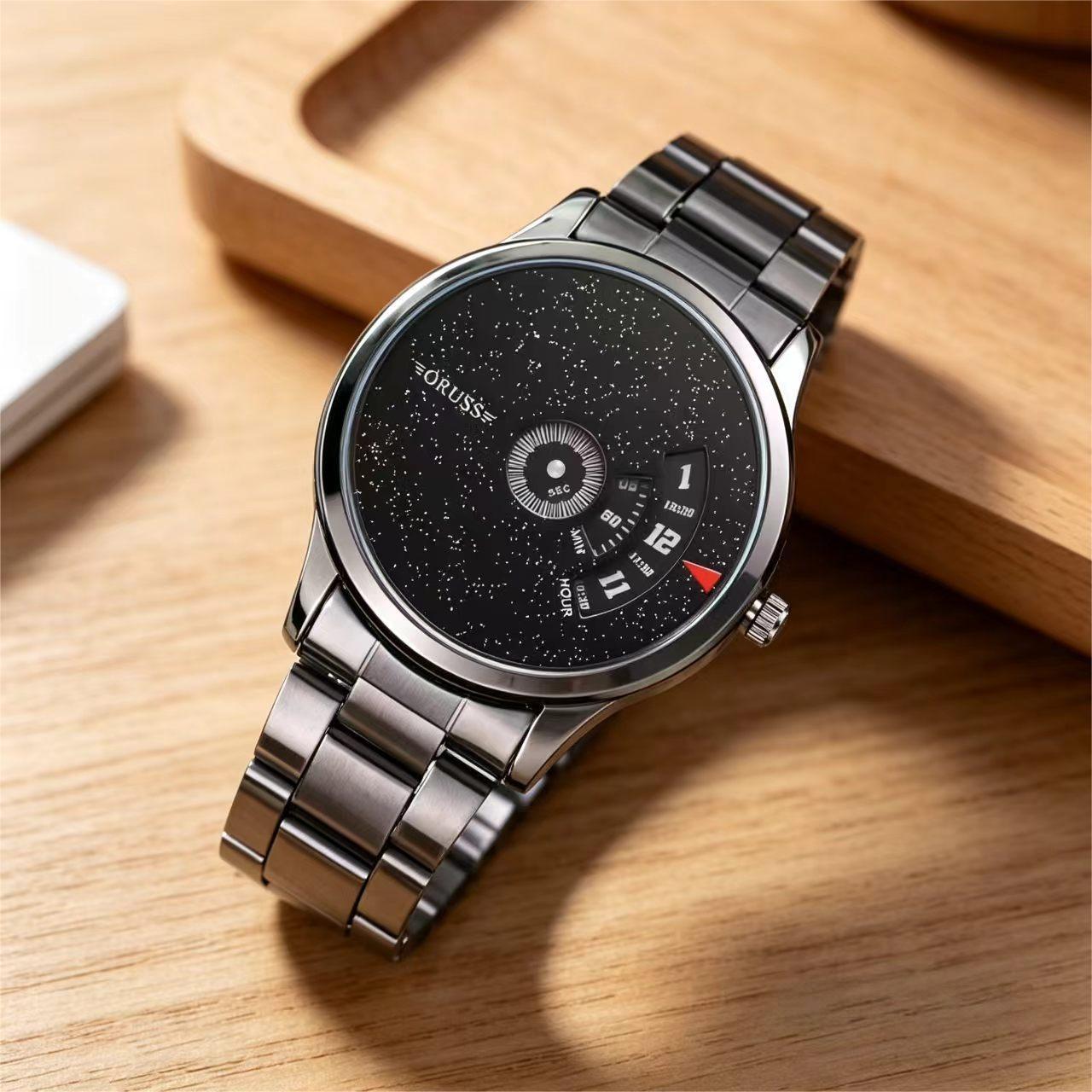 ORUSS 1853 Men's Watch Starry Sky Black Dial New Concept Cool Trendy Fashion Stylish Novelty Stainless Steel Waterproof Unique Rotating Display For Daily Wear Street Style Casual Hangouts
