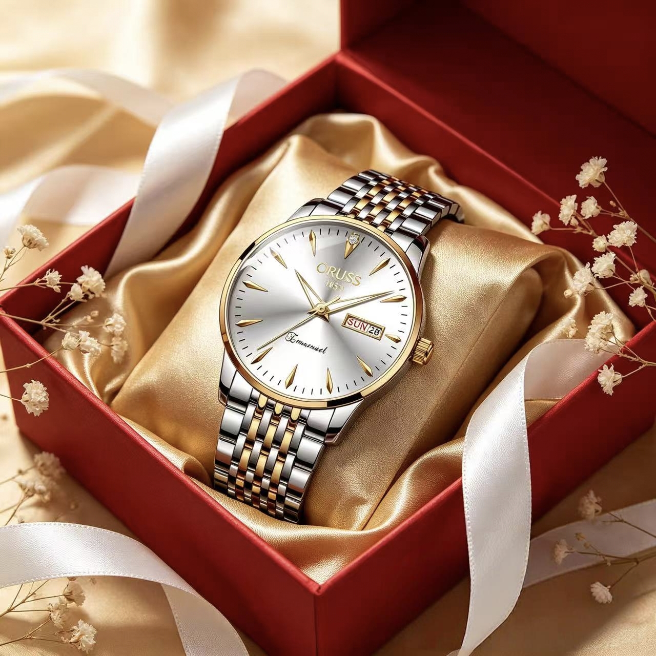 ORUSS 1853 Men's Watch Classic Business Quartz Two Tone Gold Silver Stainless Steel Bracelet White Dial Day Date Diamond Accent Formal Daily Wear Office Anniversary Birthday Gift