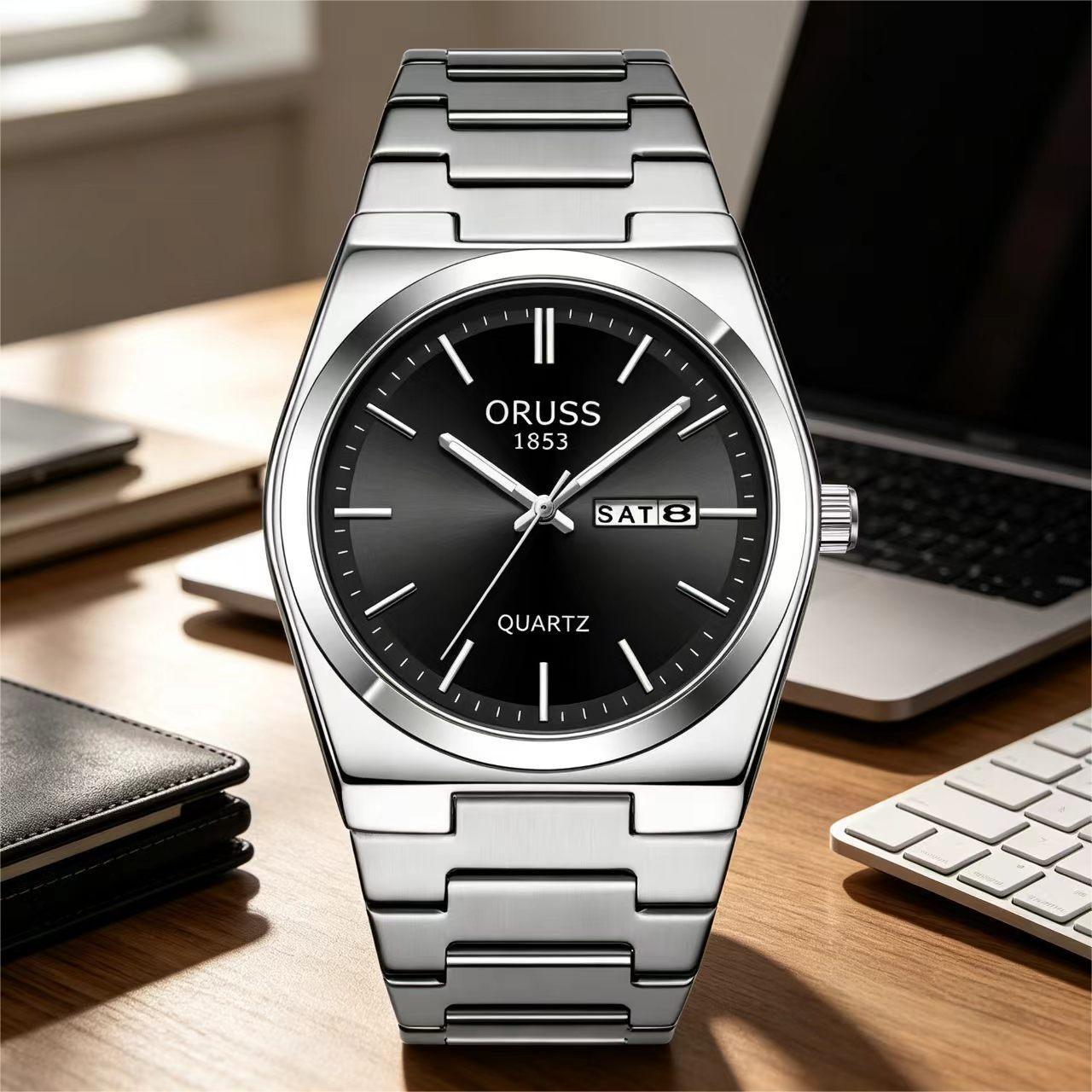 ORUSS 1853 Men's Watch Minimalist Tonneau Style Quartz Watch Brushed Stainless Steel Bracelet Black Blue Sunburst Dial Dual Calendar For Casual Business Wear