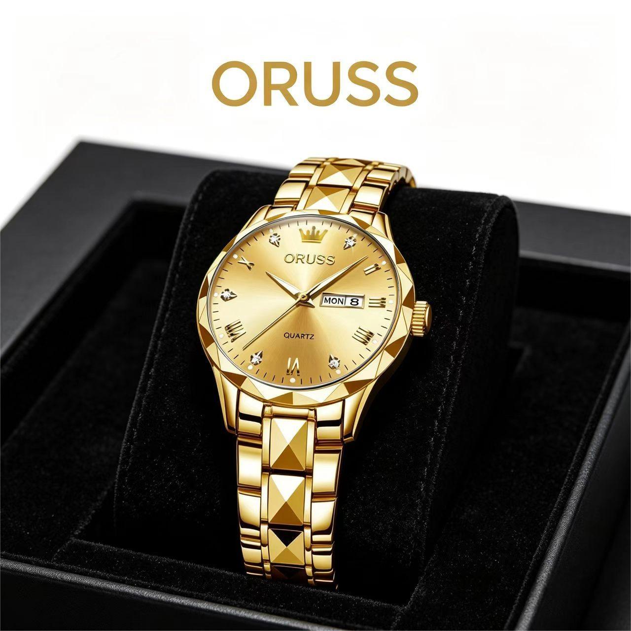 ORUSS Women's Watch Creative Diamond Inlaid Dial Unique Pyramid Cut Gold Plated Bracelet Waterproof Dual Calendar Quartz Watch Unisex Daily Wear Business Holiday Gift