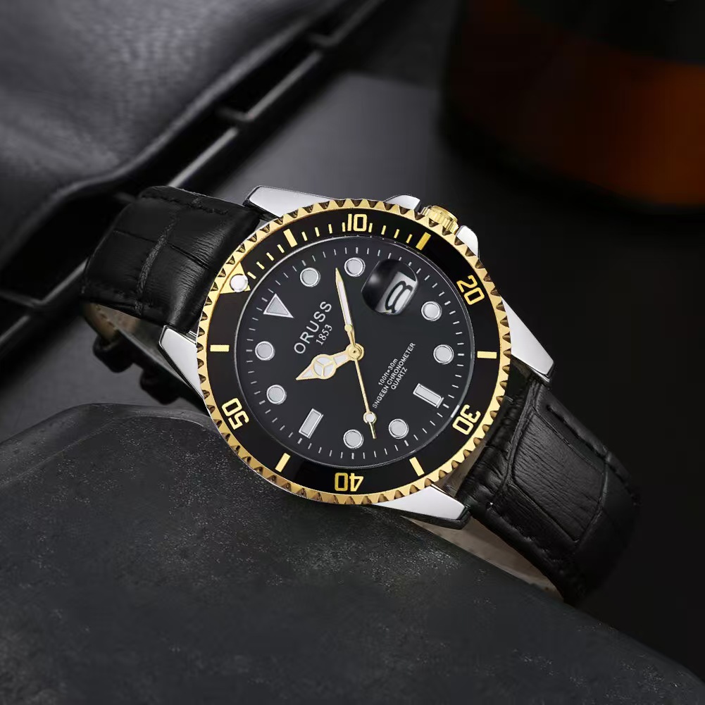 ORUSS Men's Business Sports Calendar Watch With Bamboo Pattern Strap Unique Digital Scale Casual Fashion Waterproof Leather Strap Wristwatch For Daily Wear