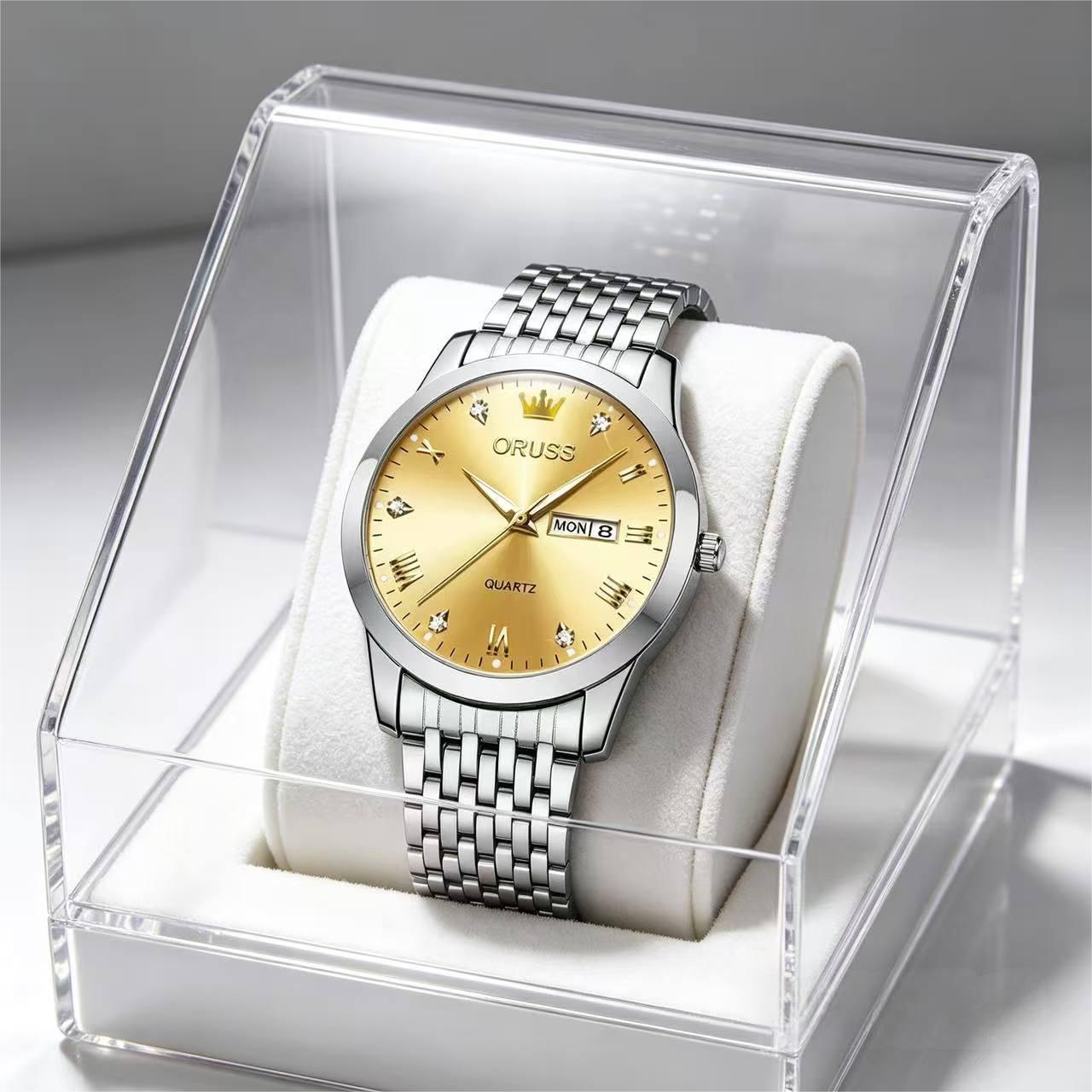 ORUSS Men's Watch Luxury Quartz Watch Silver Stainless Steel Bracelet Gold Dial Crystal Accent Crown Logo Day Date Casual Formal Daily Wear Office Wedding Anniversary Birthday Gift