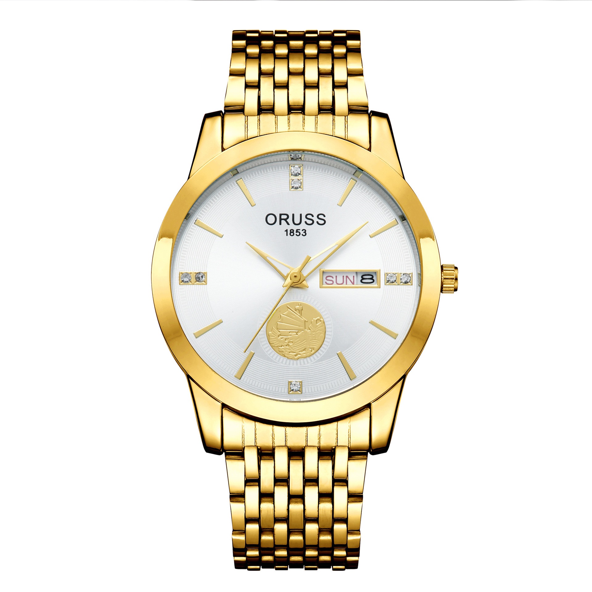 ORUSS 1853 Men's Watch Luxury Gold Plated Quartz Watch Stainless Steel Bracelet White Black Dial Diamond Accent Sailboat Motif Day Date Formal Daily Wear Office Anniversary Birthday Gift