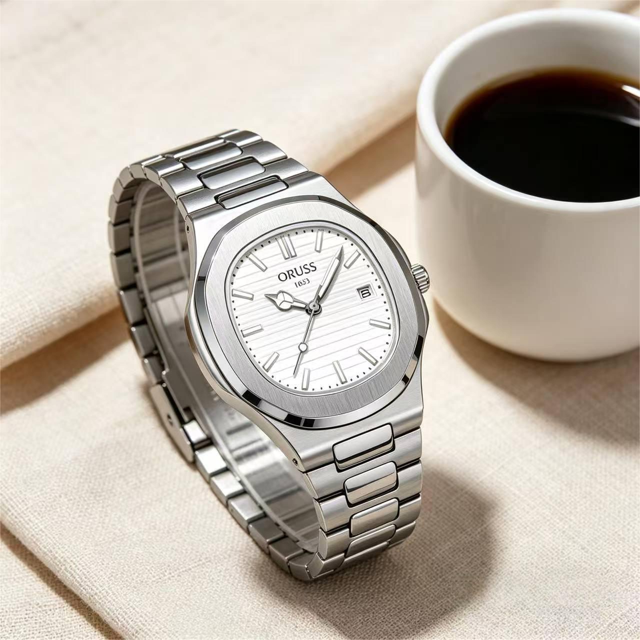 ORUSS 1853 Men's Watch Nautilus Style Quartz Watch Brushed Stainless Steel Bracelet Silver Green Horizontal Striped Dial Date Window For Casual Business Wear