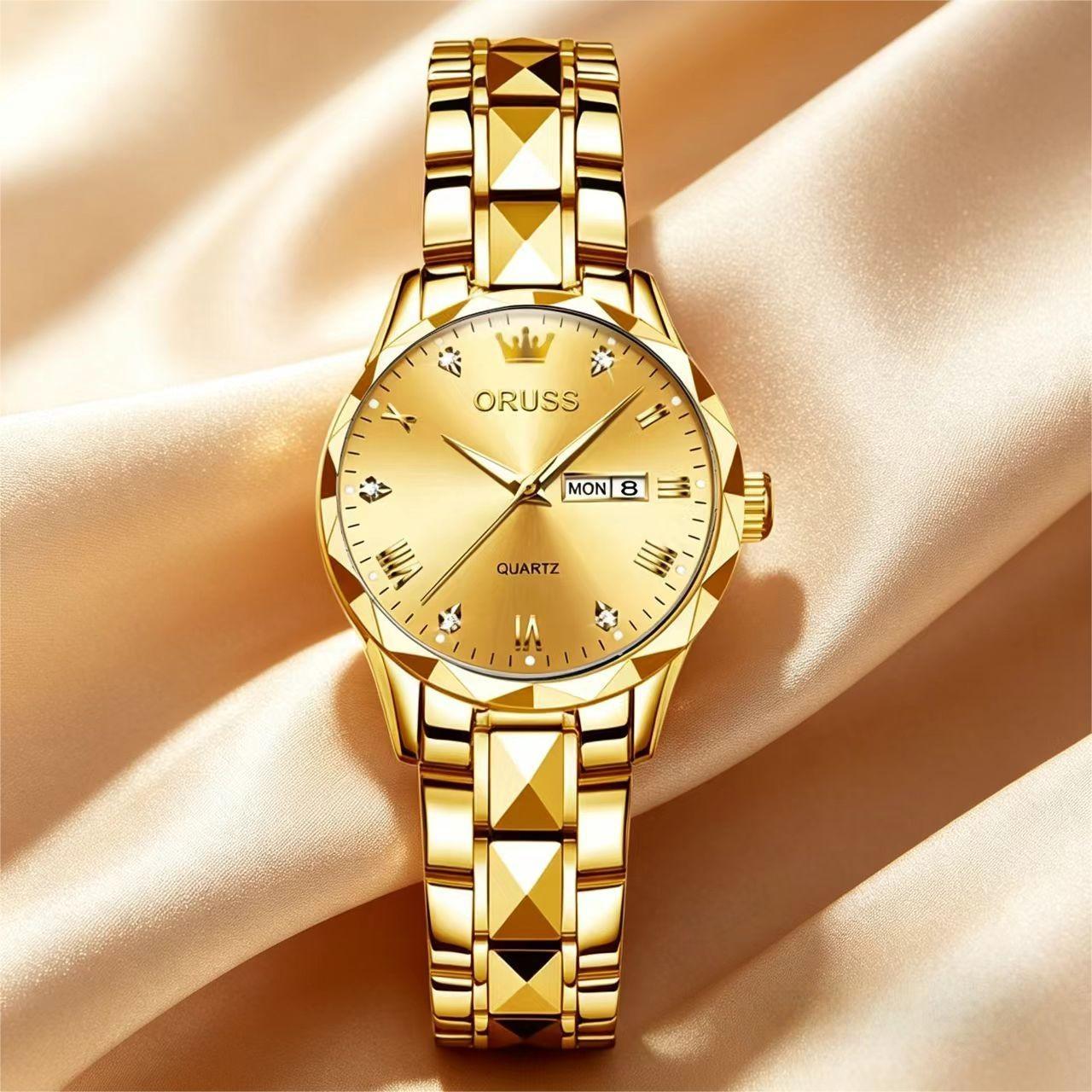 ORUSS Women's Watch Creative Diamond Inlaid Dial Unique Pyramid Cut Gold Plated Bracelet Waterproof Dual Calendar Quartz Watch Unisex Daily Wear Business Holiday Gift