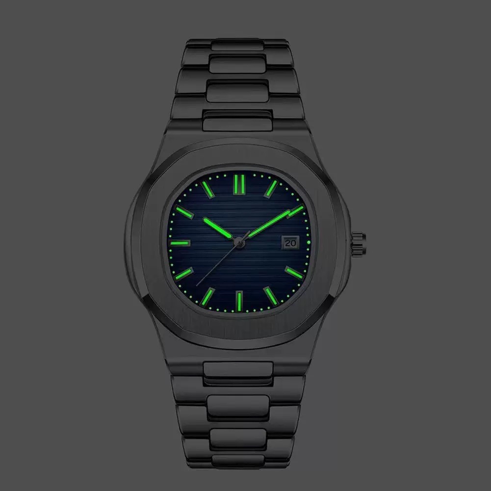ORUSS 1853 Men's Watch Nautilus Style Quartz Watch Brushed Stainless Steel Bracelet Silver Green Horizontal Striped Dial Date Window For Casual Business Wear