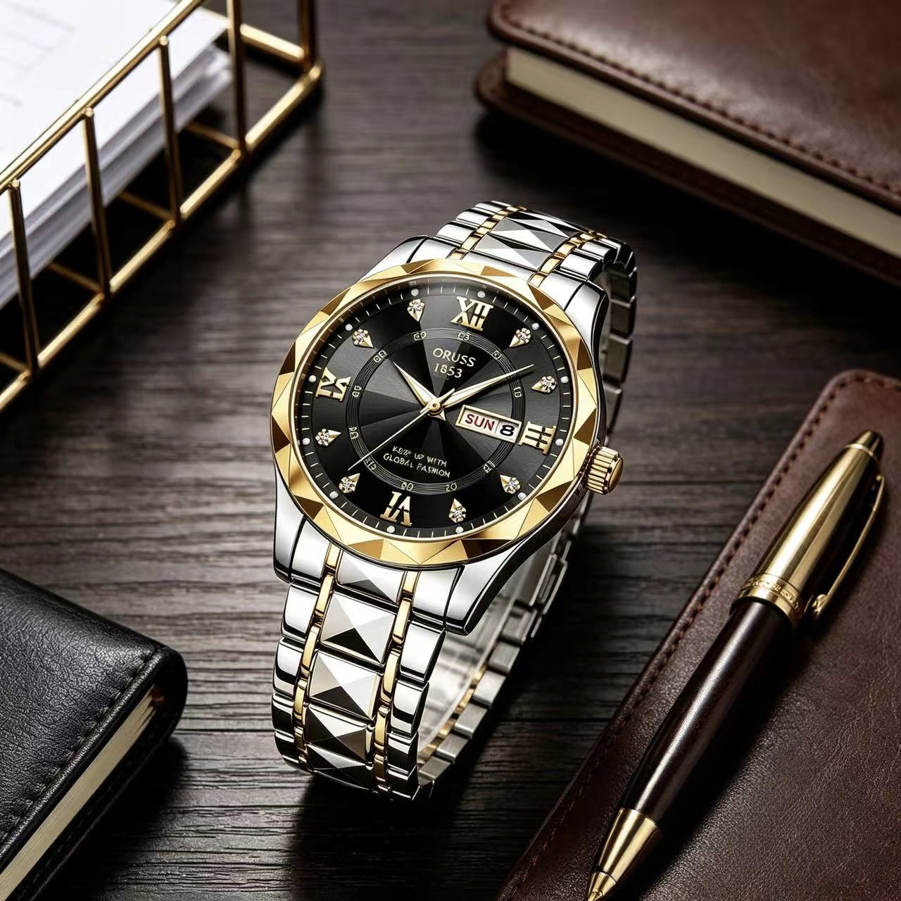 ORUSS 1853 Men's Watch Luxury Rhombus Pointed Crystal Glass Quartz Watch Stainless Steel Bracelet Black Dial Diamond Roman Numeral Day Date For Formal Daily Wear Office Anniversary Birthday