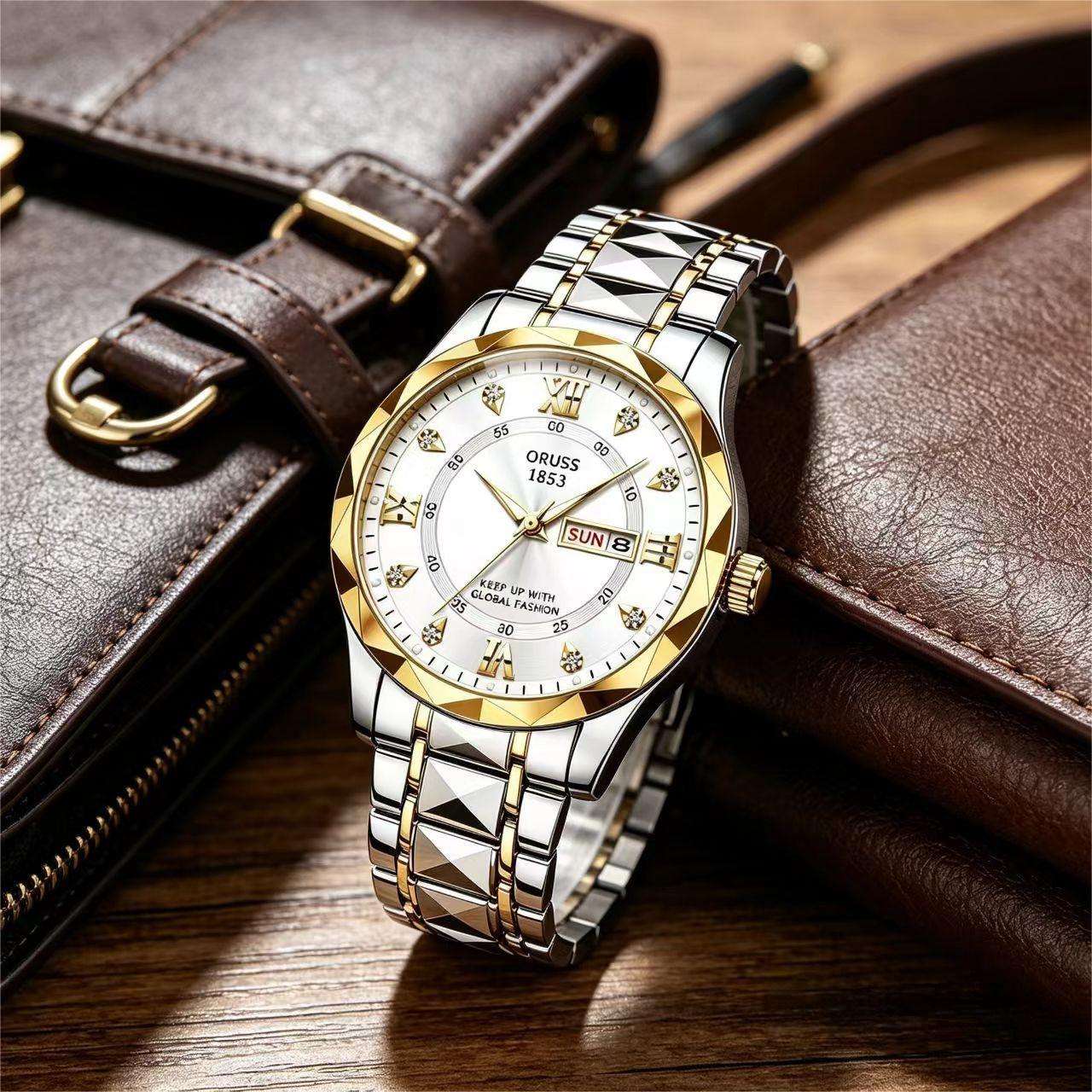 ORUSS 1853 Men's Watch Faceted Crystal Glass Quartz Two Tone Stainless Steel Bracelet Blue White Dial Diamond Roman Numerals Dual Calendar For Business Daily Wear Special Occasions