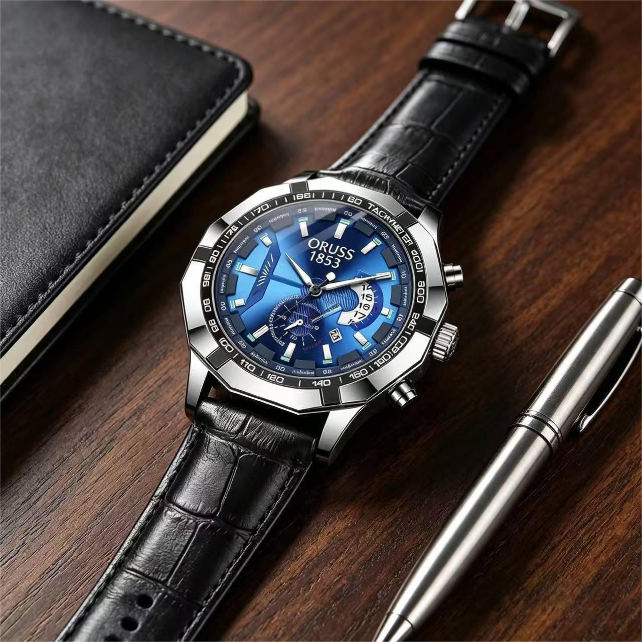ORUSS 1853 Men's Watch Creative Chronograph Multi-Function Dial Unique Tachymeter Bezel Design Waterproof Leather Strap Unisex Daily Wear Sports Business Holiday Gift