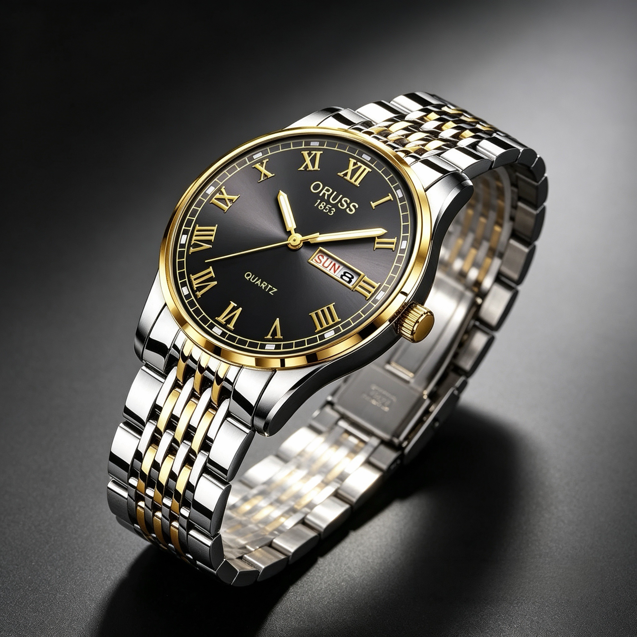 ORUSS 1853 Mens Classic Business Quartz Watch Two Tone Gold Silver Stainless Steel Bracelet Black Roman Numeral Dial Day Date 1853 Logo Formal Daily Wear Wedding Anniversary Birthday Gift