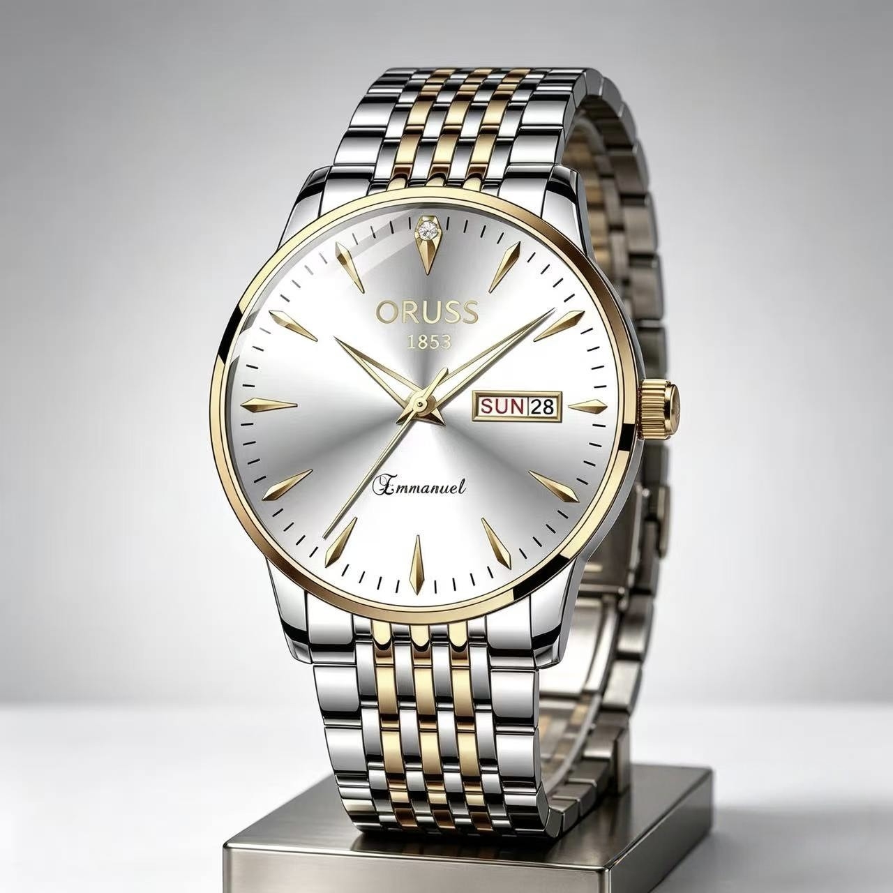 ORUSS 1853 Men's Watch Classic Business Quartz Two Tone Gold Silver Stainless Steel Bracelet White Dial Day Date Diamond Accent Formal Daily Wear Office Anniversary Birthday Gift