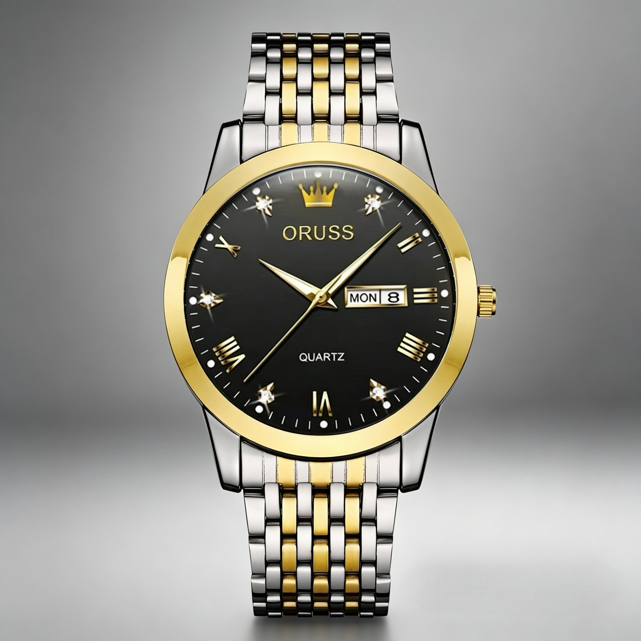 ORUSS Men's Watch Elegant Business Quartz Stainless Steel Bracelet Two Tone Silver Gold Black Dial Roman Numerals Crystal Day Date Crown Logo Formal Daily Wear Wedding Anniversary Birthday Gift