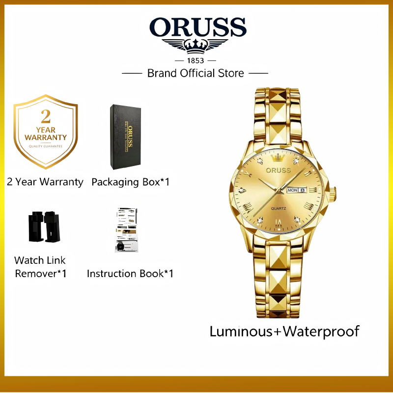 ORUSS Women's Watch Creative Diamond Inlaid Dial Unique Pyramid Cut Gold Plated Bracelet Waterproof Dual Calendar Quartz Watch Unisex Daily Wear Business Holiday Gift