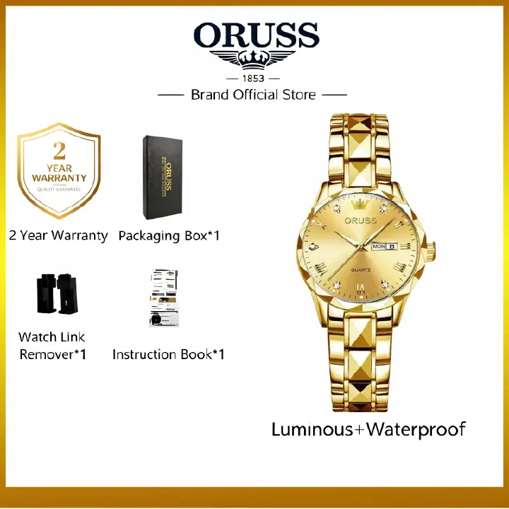 ORUSS Women's Watch Creative Diamond Inlaid Dial Unique Pyramid Cut Gold Plated Bracelet Waterproof Dual Calendar Quartz Watch Unisex Daily Wear Business Holiday Gift