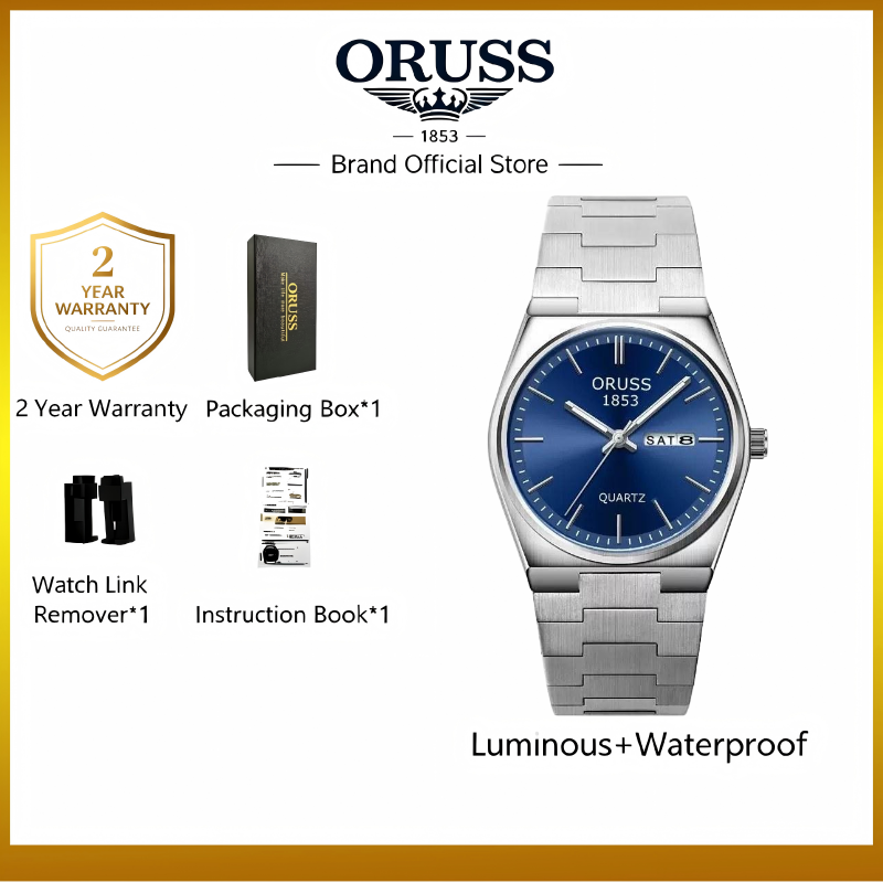 ORUSS 1853 Men's Watch Minimalist Tonneau Style Quartz Watch Brushed Stainless Steel Bracelet Black Blue Sunburst Dial Dual Calendar For Casual Business Wear