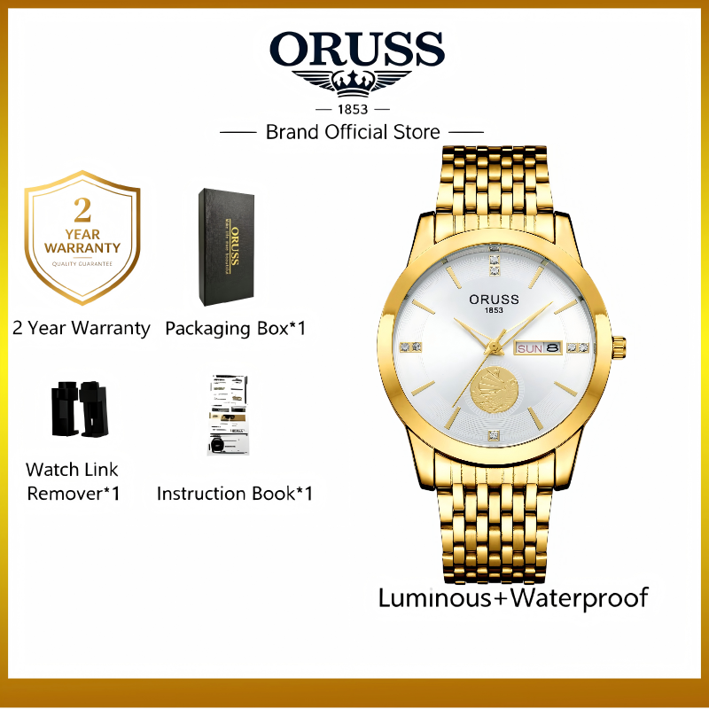 ORUSS 1853 Men's Watch Luxury Gold Plated Quartz Watch Stainless Steel Bracelet White Black Dial Diamond Accent Sailboat Motif Day Date Formal Daily Wear Office Anniversary Birthday Gift