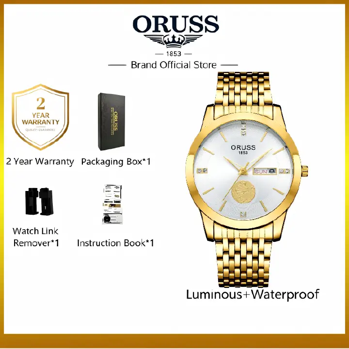 ORUSS 1853 Men's Watch Luxury Gold Plated Quartz Watch Stainless Steel Bracelet White Black Dial Diamond Accent Sailboat Motif Day Date Formal Daily Wear Office Anniversary Birthday Gift
