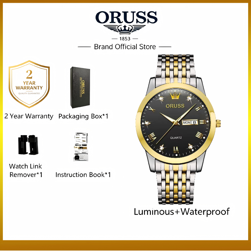 ORUSS Men's Watch Elegant Business Quartz Stainless Steel Bracelet Two Tone Silver Gold Black Dial Roman Numerals Crystal Day Date Crown Logo Formal Daily Wear Wedding Anniversary Birthday Gift