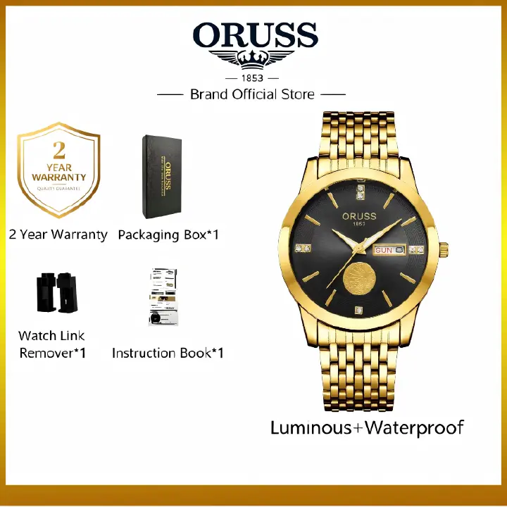 ORUSS 1853 Men's Watch Luxury Gold Plated Quartz Watch Stainless Steel Bracelet White Black Dial Diamond Accent Sailboat Motif Day Date Formal Daily Wear Office Anniversary Birthday Gift