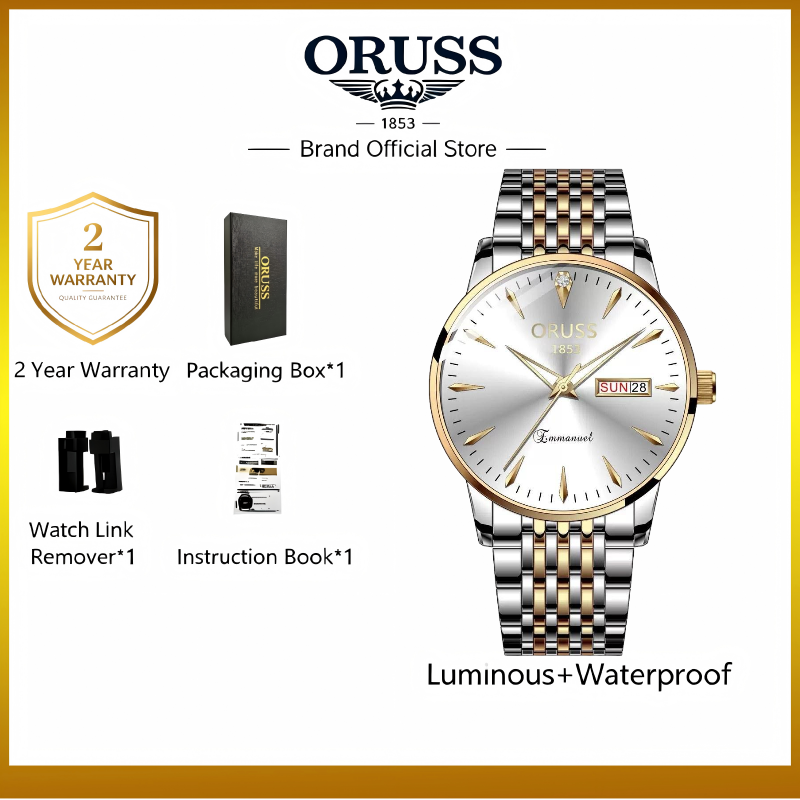 ORUSS 1853 Men's Watch Classic Business Quartz Two Tone Gold Silver Stainless Steel Bracelet White Dial Day Date Diamond Accent Formal Daily Wear Office Anniversary Birthday Gift