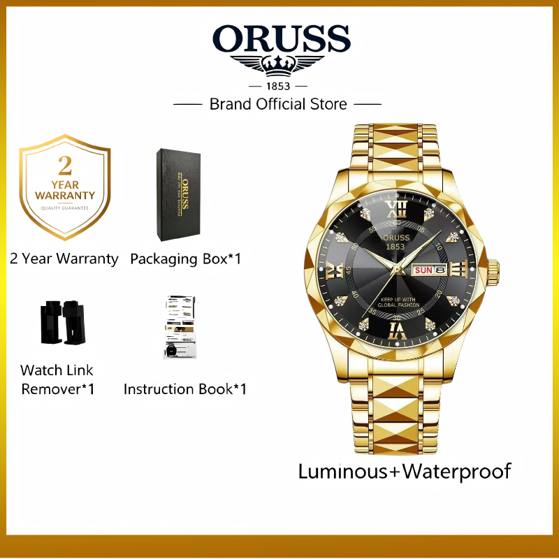 ORUSS 1853 Men's Watch Luxury Rhombus Pointed Crystal Glass Quartz Watch Stainless Steel Bracelet Black Dial Diamond Roman Numeral Day Date For Formal Daily Wear Office Anniversary Birthday