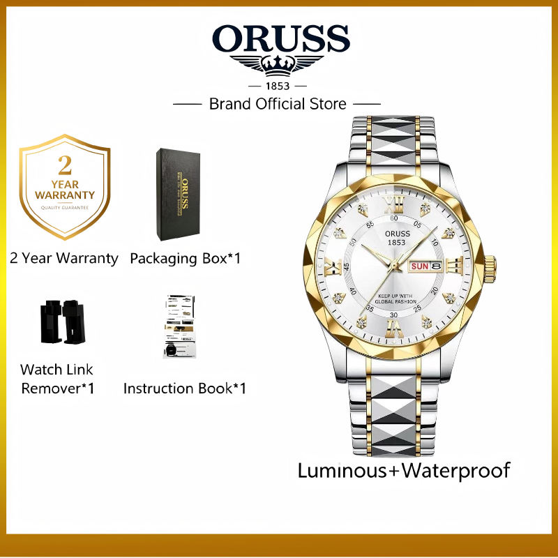 ORUSS 1853 Men's Watch Faceted Crystal Glass Quartz Two Tone Stainless Steel Bracelet Blue White Dial Diamond Roman Numerals Dual Calendar For Business Daily Wear Special Occasions