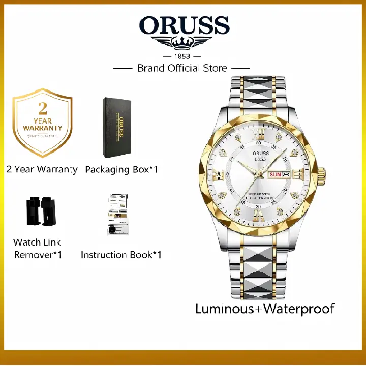 ORUSS 1853 Men's Watch Faceted Crystal Glass Quartz Two Tone Stainless Steel Bracelet Blue White Dial Diamond Roman Numerals Dual Calendar For Business Daily Wear Special Occasions