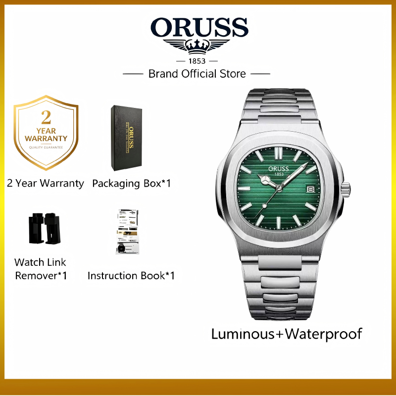 ORUSS 1853 Men's Watch Nautilus Style Quartz Watch Brushed Stainless Steel Bracelet Silver Green Horizontal Striped Dial Date Window For Casual Business Wear