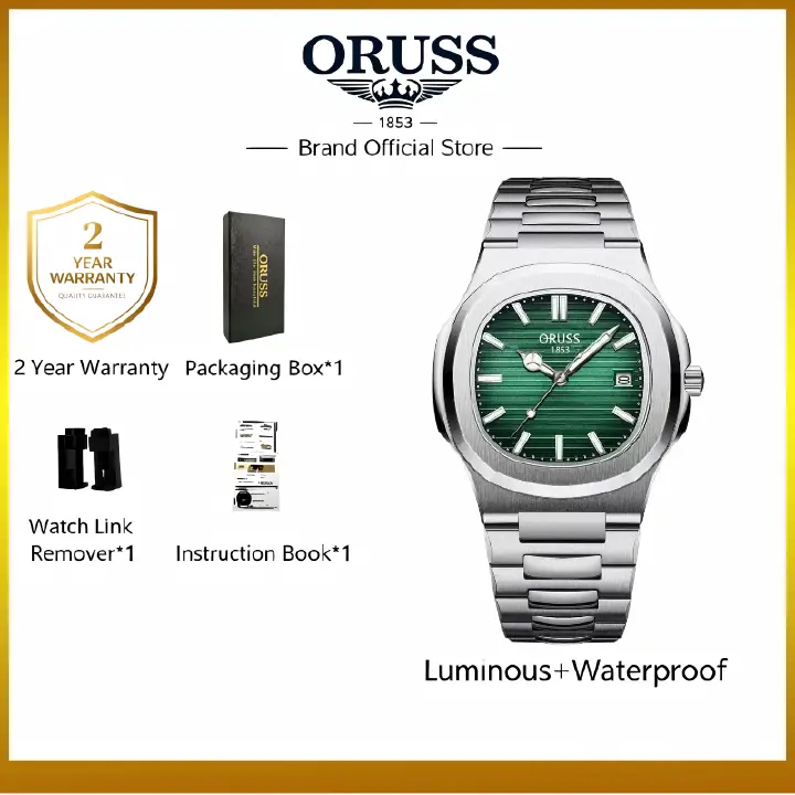 ORUSS 1853 Men's Watch Nautilus Style Quartz Watch Brushed Stainless Steel Bracelet Silver Green Horizontal Striped Dial Date Window For Casual Business Wear
