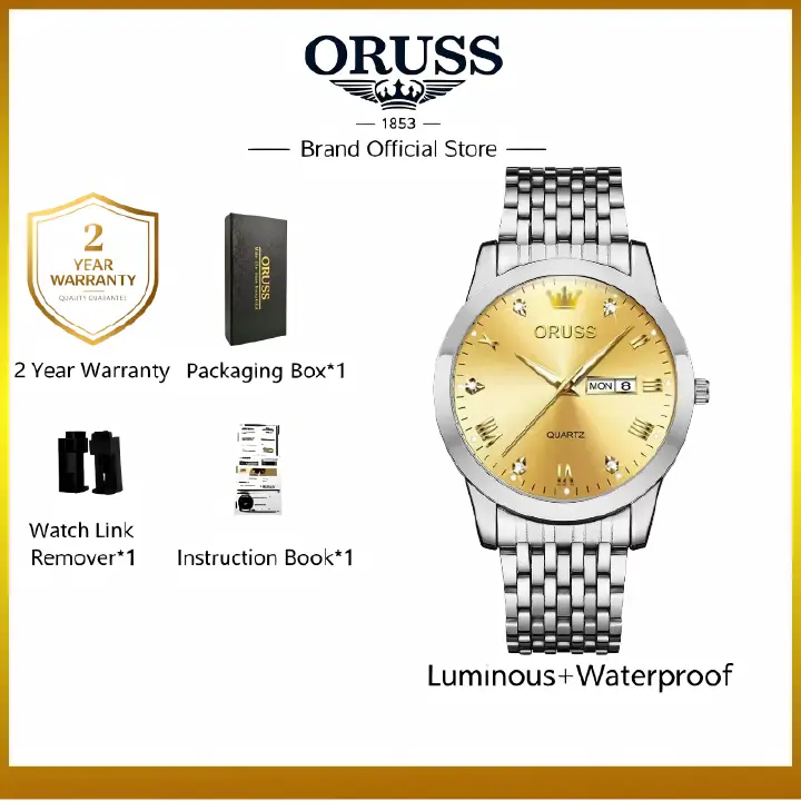 ORUSS Men's Watch Luxury Quartz Watch Silver Stainless Steel Bracelet Gold Dial Crystal Accent Crown Logo Day Date Casual Formal Daily Wear Office Wedding Anniversary Birthday Gift