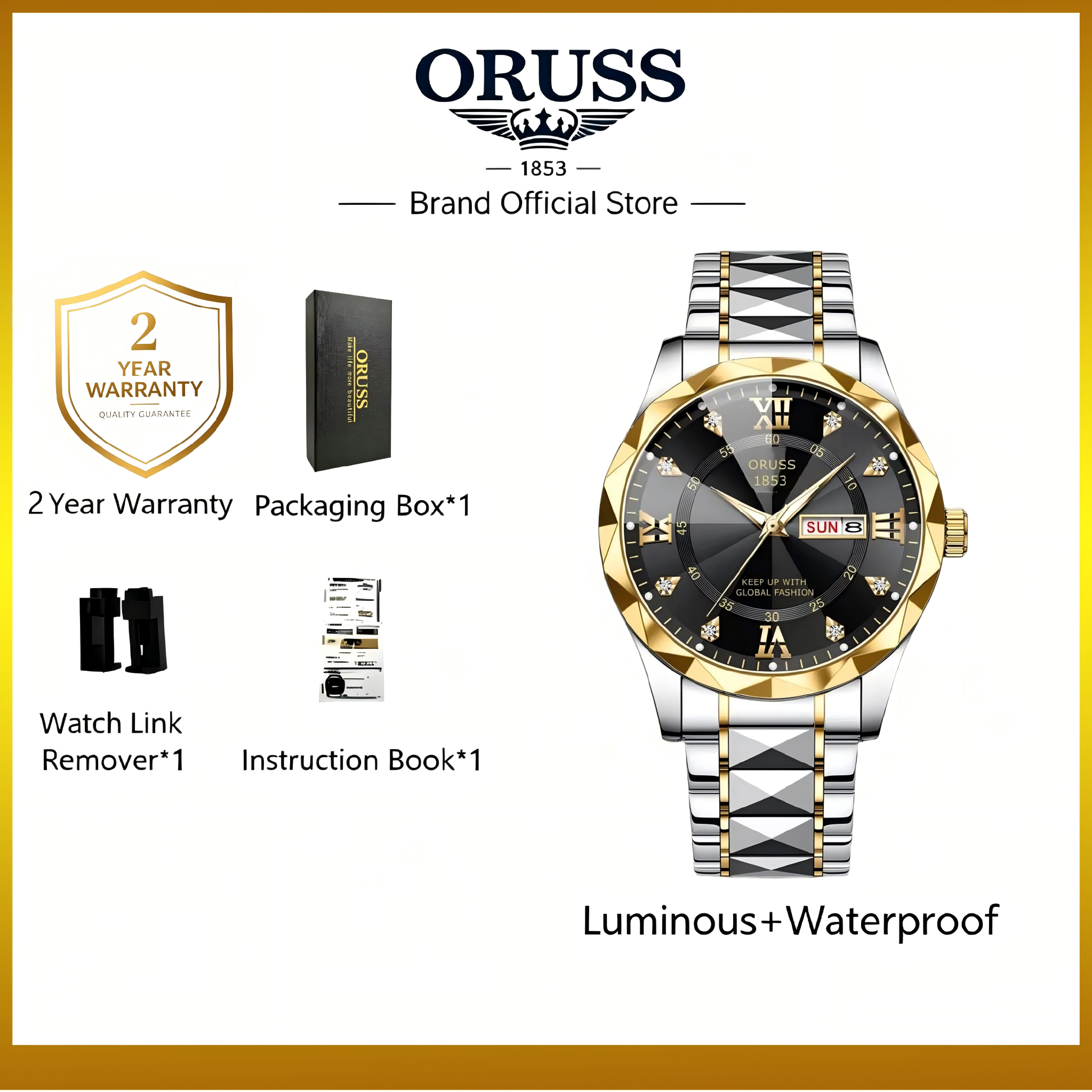 ORUSS 1853 Men's Watch Luxury Rhombus Pointed Crystal Glass Quartz Watch Stainless Steel Bracelet Black Dial Diamond Roman Numeral Day Date For Formal Daily Wear Office Anniversary Birthday