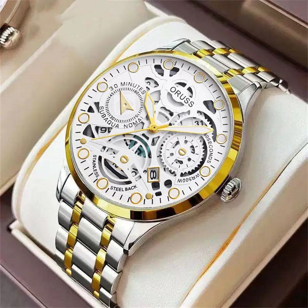 ORUSS Men Sport Quartz Watch Round Hollow Skeleton Dial Date Window Decorative Sub-Dials Polished Metal Link Band Business Casual Male Fashion Wrist Watch