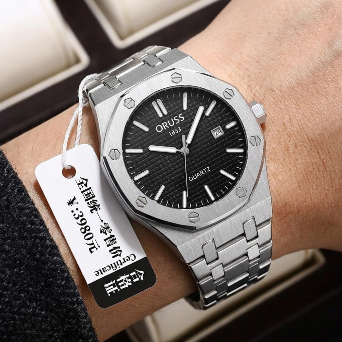ORUSS 1853 Men's Watch Sporty Casual Octagonal Stainless Steel Bracelet Black Blue Grid Dial Quartz Logo Date Window Formal Daily Wear Office Anniversary Birthday Gift