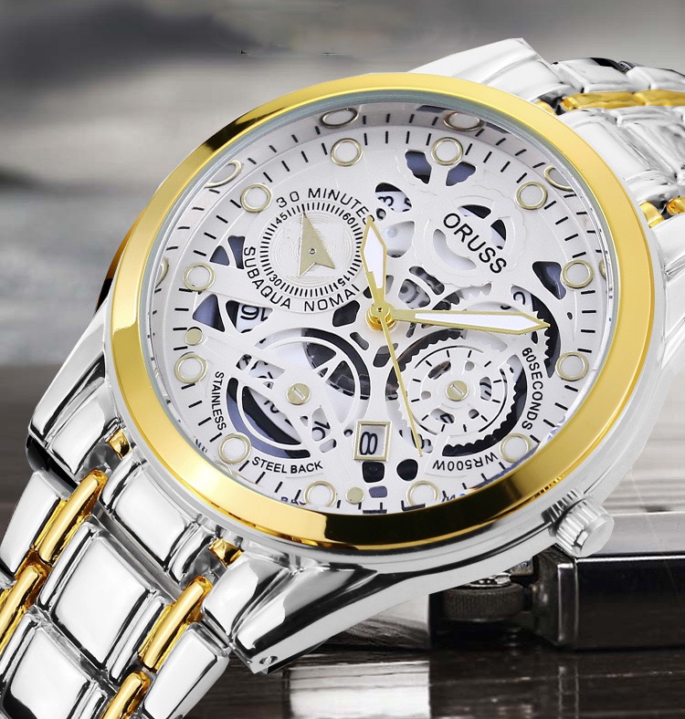 ORUSS Men Sport Quartz Watch Round Hollow Skeleton Dial Date Window Decorative Sub-Dials Polished Metal Link Band Business Casual Male Fashion Wrist Watch