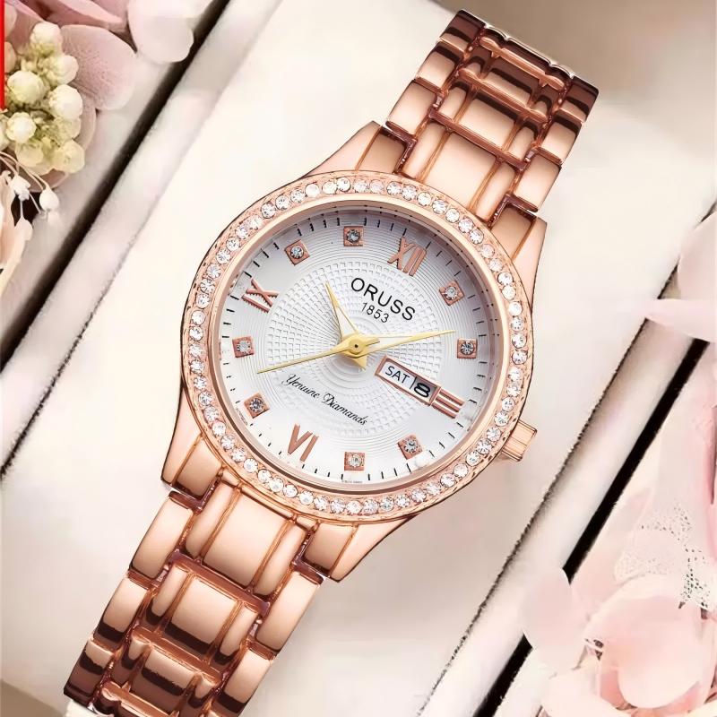 ORUSS Ladies Fashion Quartz Watch Round Crystal Bezel Roman Numeral Dial Day & Date Dual Display Metal Link Bracelet Elegant Female Dress Wrist Watch