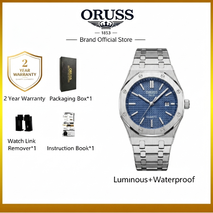 ORUSS 1853 Men's Watch Sporty Casual Octagonal Stainless Steel Bracelet Black Blue Grid Dial Quartz Logo Date Window Formal Daily Wear Office Anniversary Birthday Gift