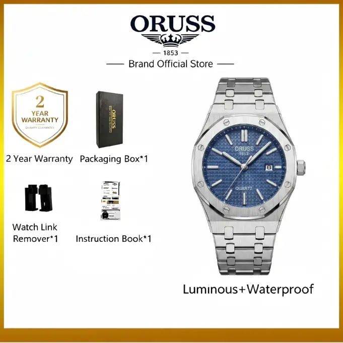 ORUSS 1853 Men's Watch Sporty Casual Octagonal Stainless Steel Bracelet Black Blue Grid Dial Quartz Logo Date Window Formal Daily Wear Office Anniversary Birthday Gift