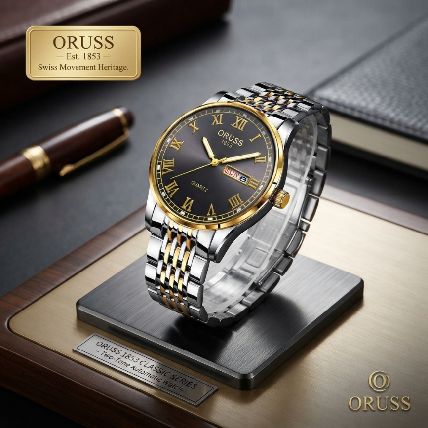 ORUSS 1853 Mens Classic Business Quartz Watch Two Tone Gold Silver Stainless Steel Bracelet Black Roman Numeral Dial Day Date 1853 Logo Formal Daily Wear Wedding Anniversary Birthday Gift