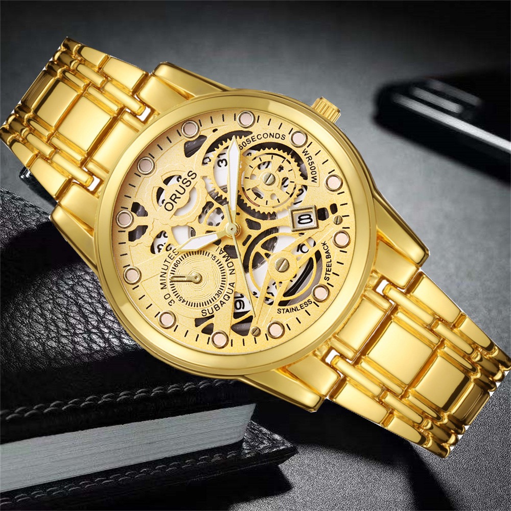ORUSS Men Sport Quartz Watch Round Hollow Skeleton Dial Date Window Decorative Sub-Dials Polished Metal Link Band Business Casual Male Fashion Wrist Watch