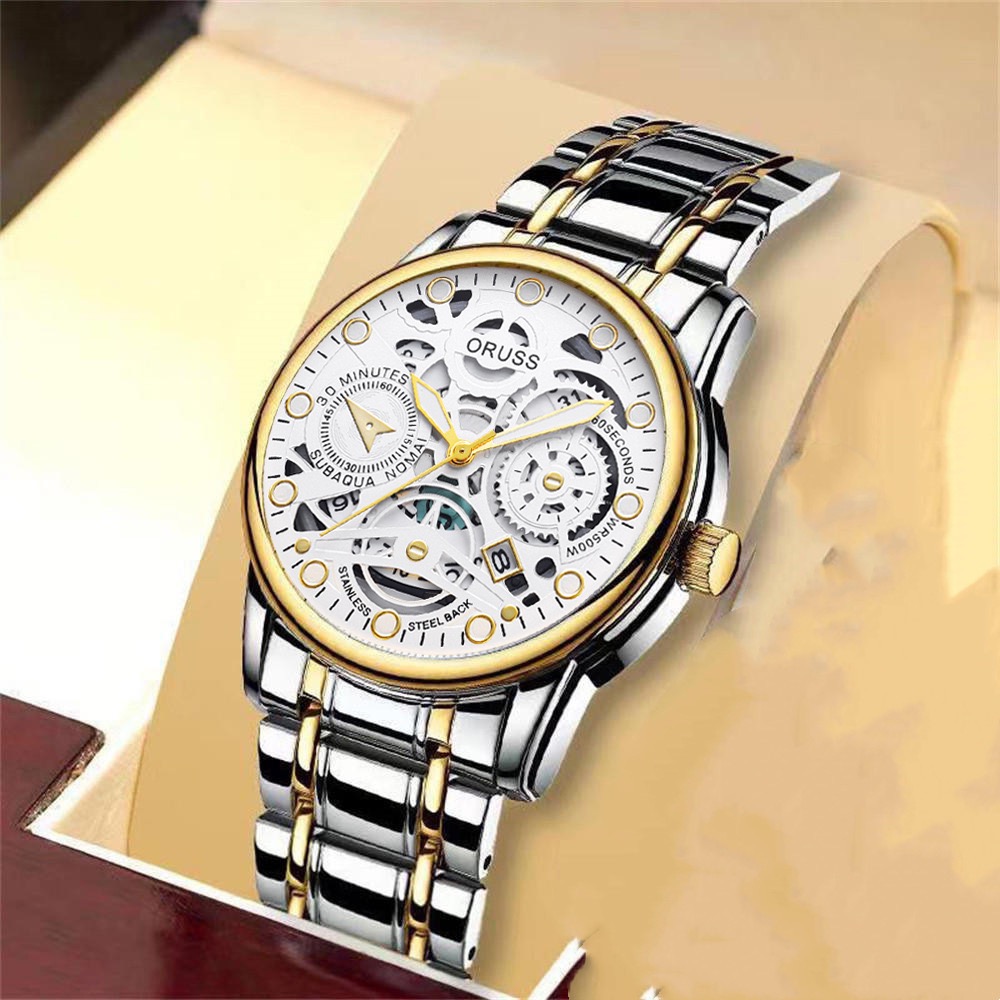 ORUSS Men Sport Quartz Watch Round Hollow Skeleton Dial Date Window Decorative Sub-Dials Polished Metal Link Band Business Casual Male Fashion Wrist Watch