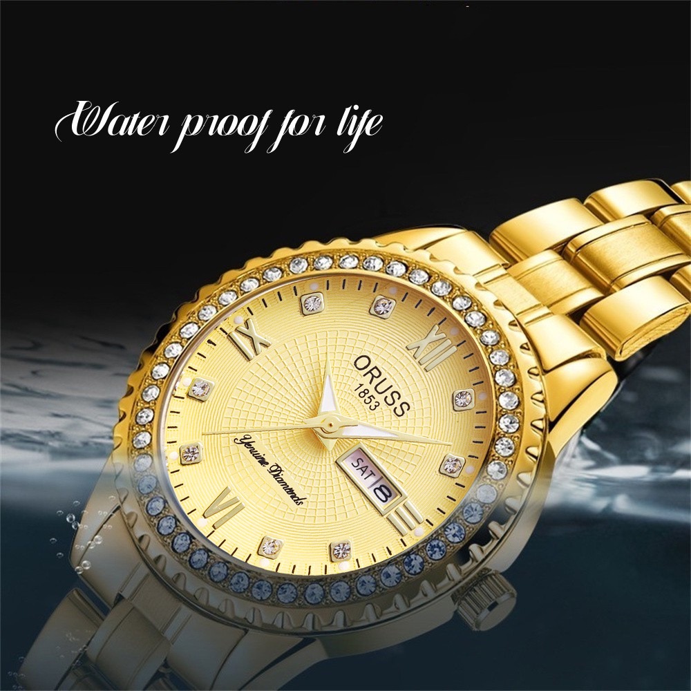 ORUSS Ladies Fashion Quartz Watch Round Crystal Bezel Roman Numeral Dial Day & Date Dual Display Metal Link Bracelet Elegant Female Dress Wrist Watch