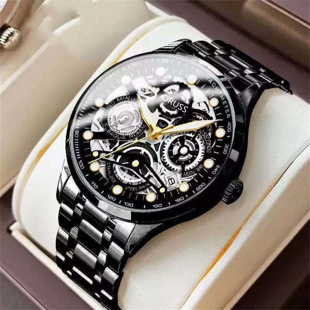 ORUSS Men Sport Quartz Watch Round Hollow Skeleton Dial Date Window Decorative Sub-Dials Polished Metal Link Band Business Casual Male Fashion Wrist Watch