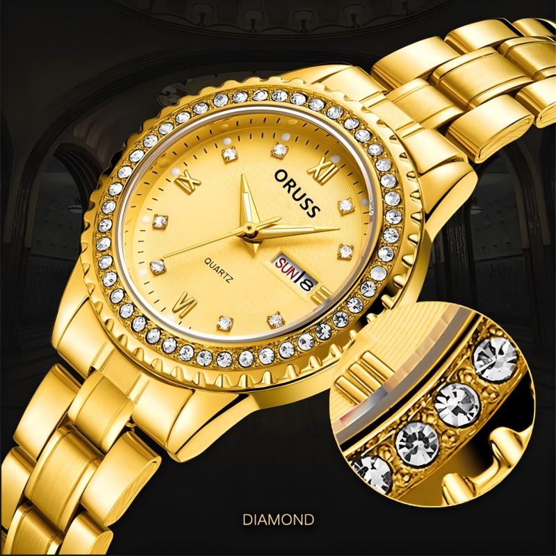 ORUSS Ladies Fashion Quartz Watch Round Crystal Bezel Roman Numeral Dial Day & Date Dual Display Metal Link Bracelet Elegant Female Dress Wrist Watch