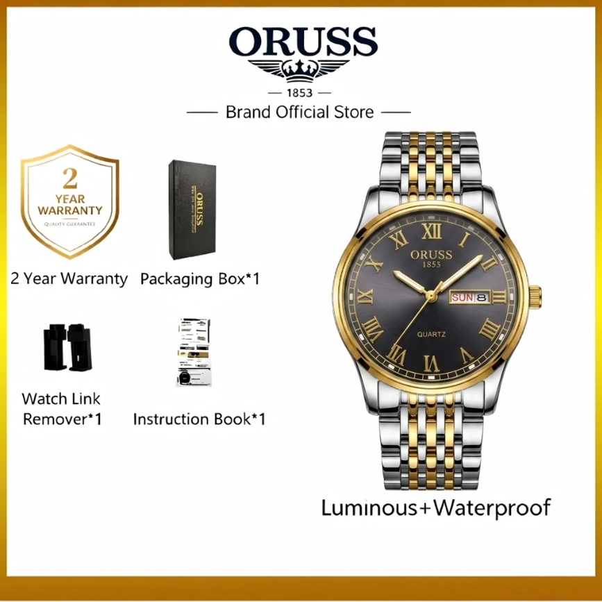 ORUSS 1853 Mens Classic Business Quartz Watch Two Tone Gold Silver Stainless Steel Bracelet Black Roman Numeral Dial Day Date 1853 Logo Formal Daily Wear Wedding Anniversary Birthday Gift