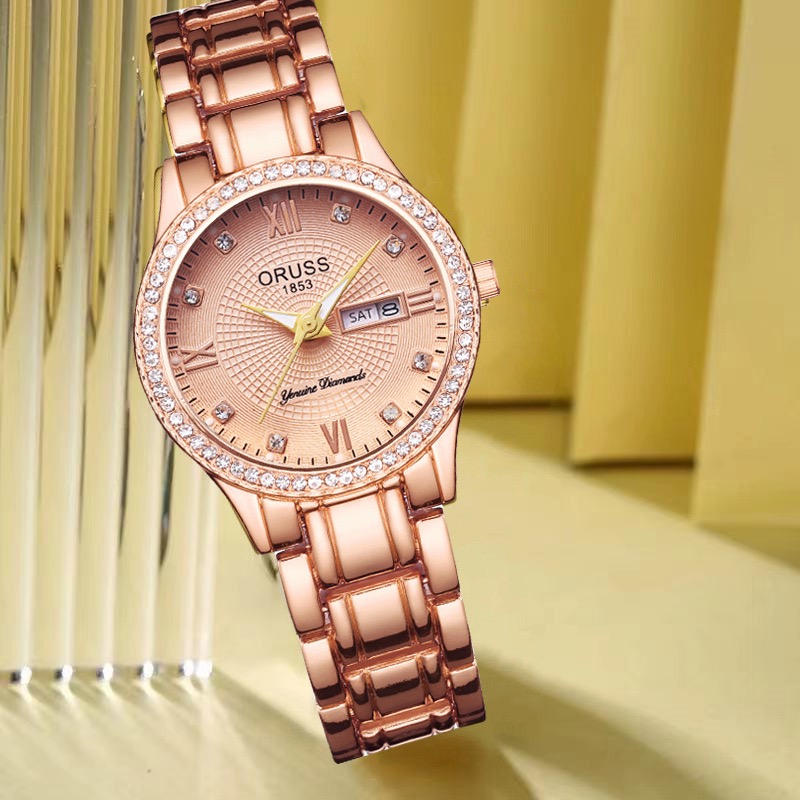 ORUSS Ladies Fashion Quartz Watch Round Crystal Bezel Roman Numeral Dial Day & Date Dual Display Metal Link Bracelet Elegant Female Dress Wrist Watch