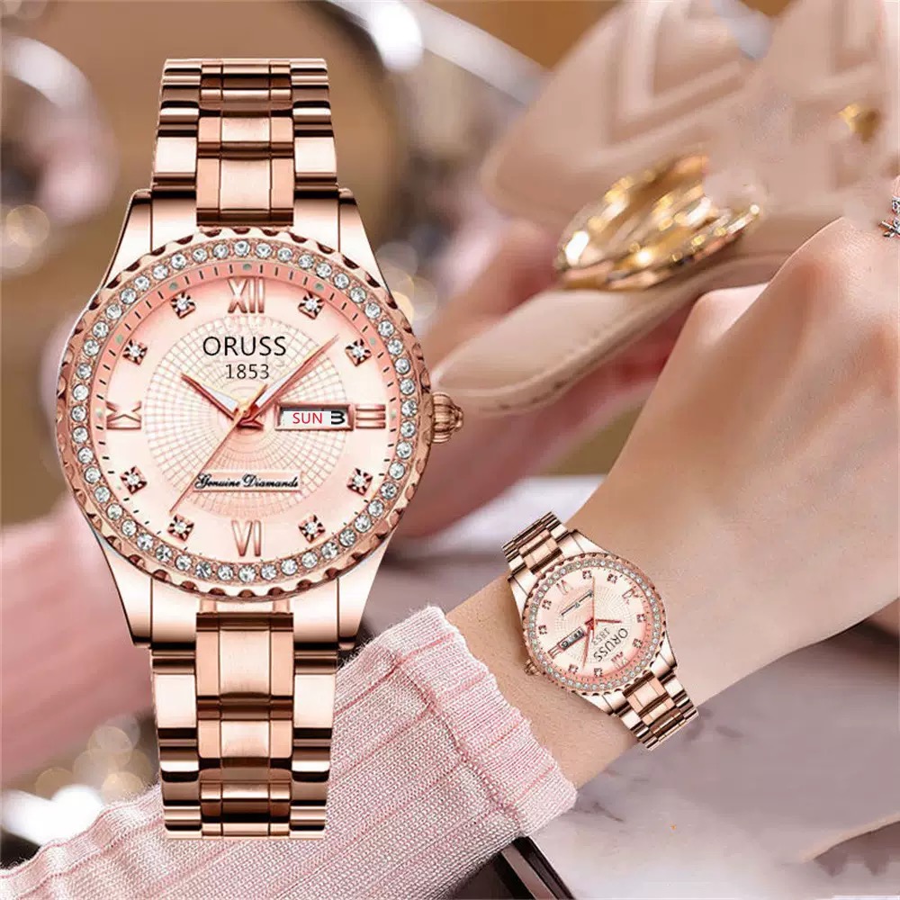 ORUSS Ladies Fashion Quartz Watch Round Crystal Bezel Roman Numeral Dial Day & Date Dual Display Metal Link Bracelet Elegant Female Dress Wrist Watch