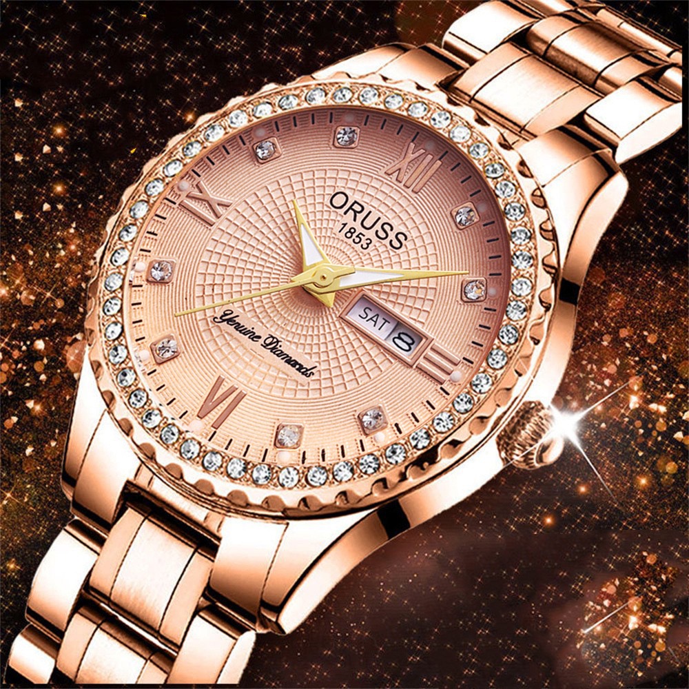 ORUSS Ladies Fashion Quartz Watch Round Crystal Bezel Roman Numeral Dial Day & Date Dual Display Metal Link Bracelet Elegant Female Dress Wrist Watch